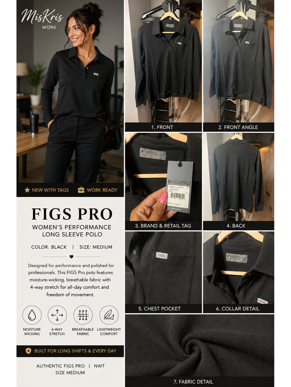 NWT FIGS Pro Women's Black Performance Long Sleeve Polo Shirt Medium - Picture 1 of 1